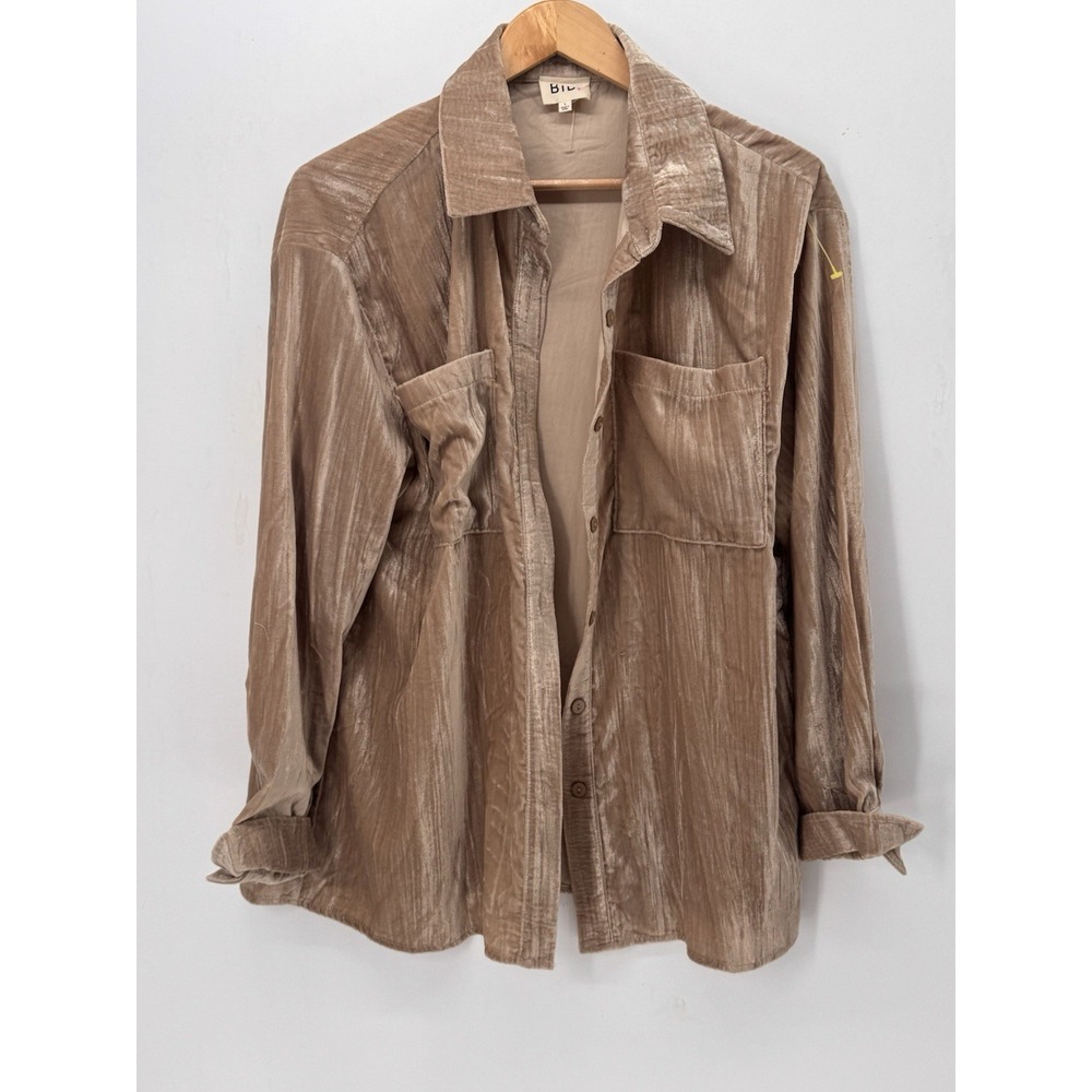 Bibi Women's Large Taupe Crushed Velvet Utility Shirt Jacket Button Front Chic